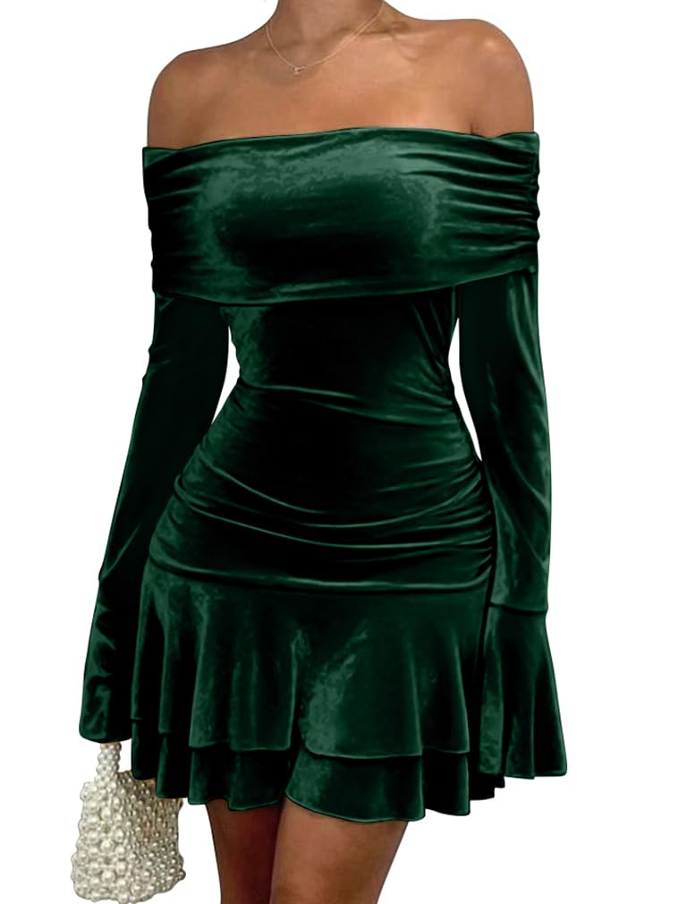 LAGSHIAN Womens Sexy Velvet Off Shoulder Long Sleeve Ruffle Hem Bodycon Ruched Cocktail Party Mini Dress