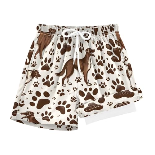 YANENDIE Boy Swim Trunks with Compression Liner Brown Dogs Boys Swim Shorts Quick Dry Beach Shorts