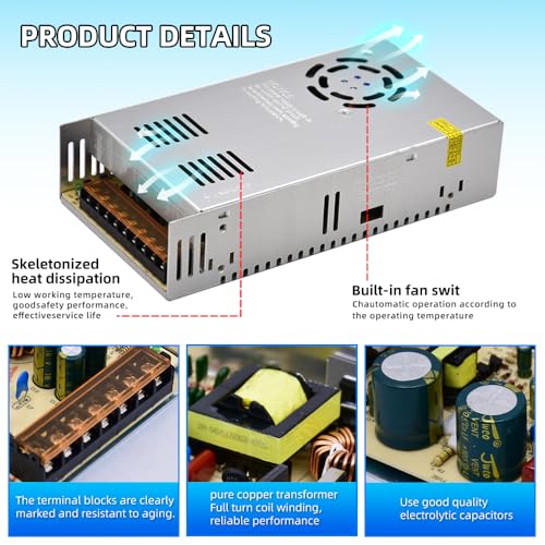 110V AC to 12V DC Transformer, 12V 500W 40A Switching Power Converter, Built-in Cooling Fan, with Various Power adapters.3
