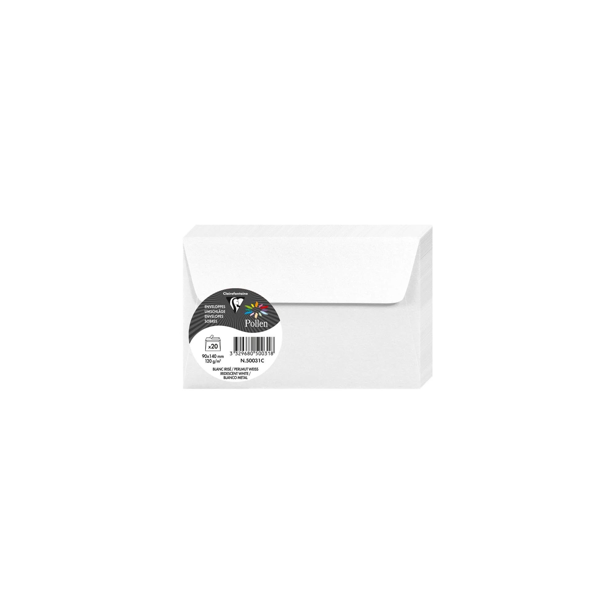 Clairefontaine 50031C - Paquet de 20 Enveloppes Auto-​Adhésives - Format 9x14cm - 120g/​m² - Coloris Blanc Irisé - Invitation Evènements et Correspondance - Gamme Pollen - Papier Premium Lisse