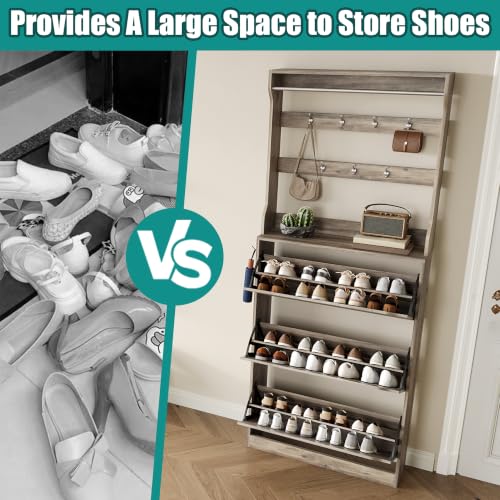Image of Shoe Cabinet for Entryway with 3 Flip Drawers, Grey Tall Wood Shoe Storage Cabinet with Coat Rack, Narrow Hidden Slim Freestanding Shoe Rack Organizer, 2 in 1 Hall Tree for Living Room, Hallway