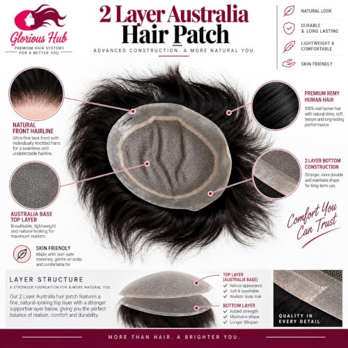 Image of Premium Australian Silk Base Hair Patch for Men | 2-Layer Design with 0.03mm Transparent Front | 100% Remy Human Hair Wig | Natural-Looking Non-Surgical Toupee | (Black, 8x5)