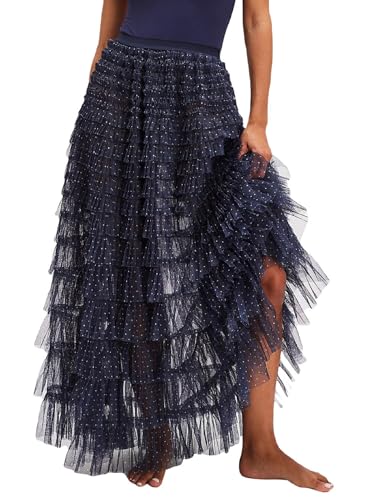 Women Y2k Maxi Slip Skirt Elastic Waist Lace Pleated Ruffle Long Skirts Flowy Tiered Layered Skirts Underskirt