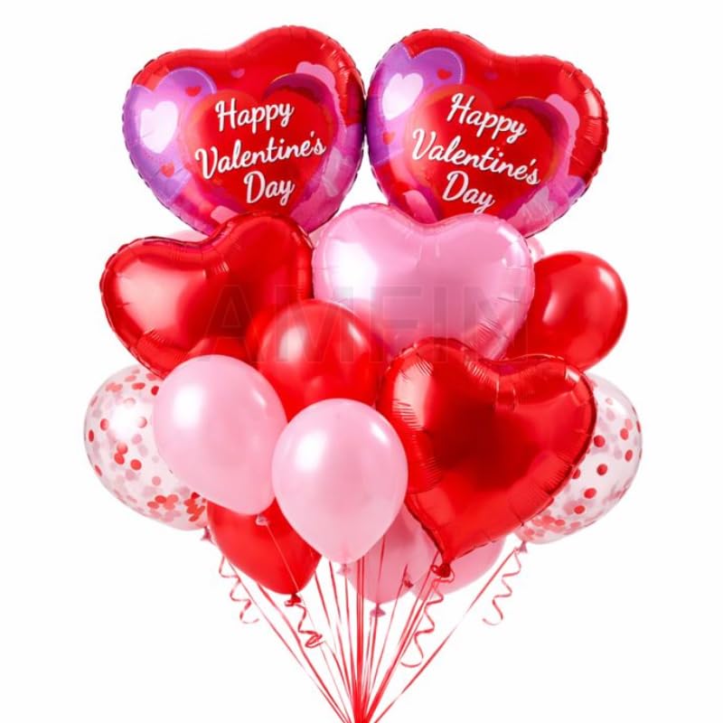 Image of AMFIN (Pack of 14) Happy Valentine's Day Balloon Decoration Set | Romantic Heart Foil Bouquet Metallic Helium Bunch Proposal Anniversary Celebration Party Decor - Red Purple