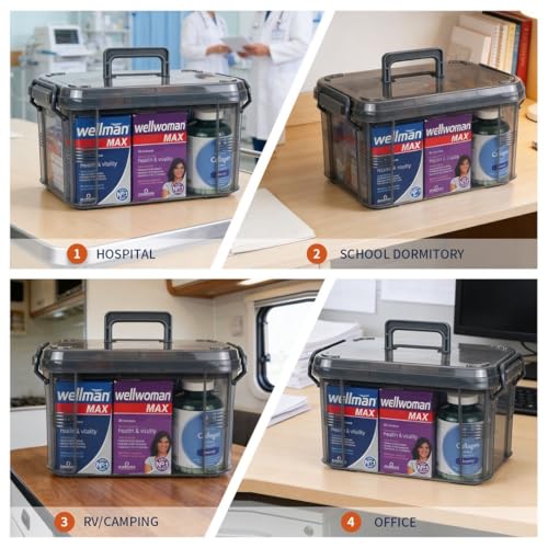 Image of HEY FOLY 15qt Medicine Organizer Storage Box with Tray, Plastic First Aid Box Empty, Thickened Medicine Container Chest, Multipurpose Medical Case with Labels, Grey Medicine Caddy
