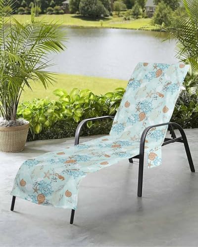 Teal Blue Coastal Beach Chair Towel Covers for Chaise Lounge with Side Pocket, Soft Plush Pool Towels Cover for Patio Sunbathing Outdoor Nautical Starfish Conch Retro Seahorse 29''x85''