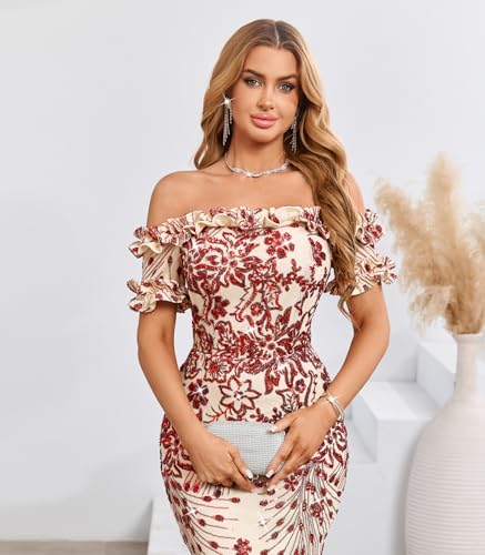 Image of dasmzper Women Sexy Sequin Off Shoulder Ruffle Short Sleeve Bodycon Mermaid Party Formal Evening Maxi Dress