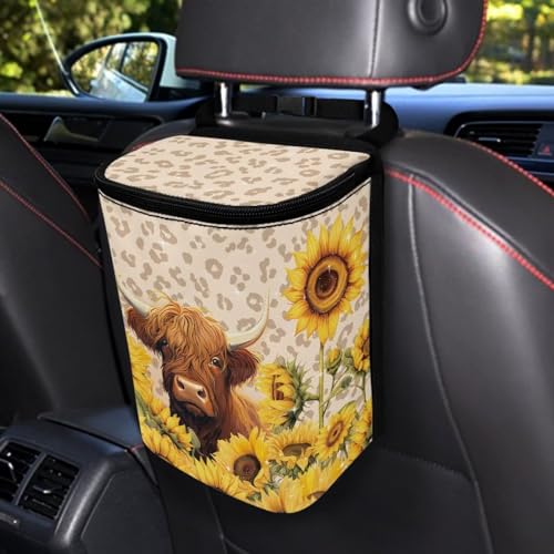Image of Highland Cow Car Trash Can Hanging Mini Auto Garbage Bin with Lid Washable Leak Proof Automotive Car Rubbish Bags for Back Front Seat,Car Interior Accessory