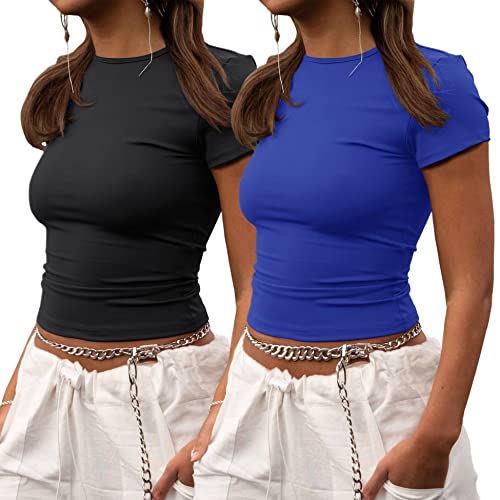 Zhenwei Short Sleeve Workout Shirts For Women Pack Cute Fitted Basics Tees Cropped Gym Yoga Tshirts Black&Royal Blue M #TOP23