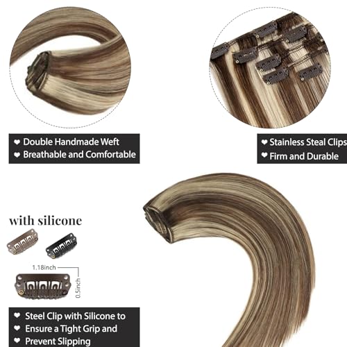 Image of Belaved Human Hair Clip in Extensions Brown Mix Blonde Balayage Ombre 22 Inch Real Human Hair Thick Straight Double Weft Blonde Clip on 5PCS 70 Gram