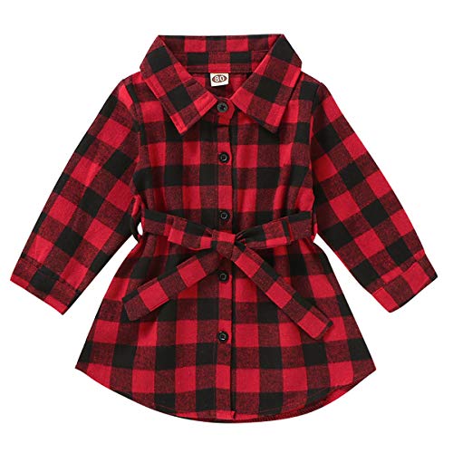 Kayotuas Toddler Kids Baby Girl Plaid Dress Long Sleeve Belted Botton Down Shirts Dresses Infant Autumn Outfits (red Plaid, 12-18 Months)