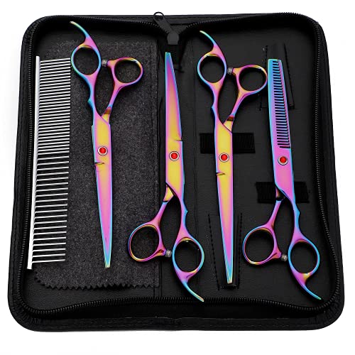 LiMonday Professional Rainbow Dog Grooming Scissor Kit, 4CR Stainless Steel Pet Hair Cutter, 5 in 1 Grooming Scissors Set for Dog, Heavy Duty Dog Scissors Set, Grooming Set for Dogs and Cats