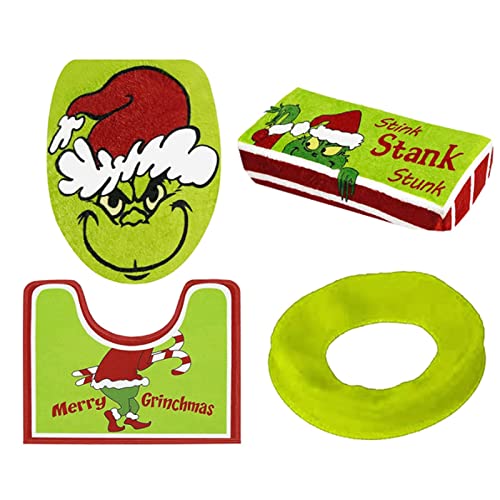 PEVSCO Set mit 4 Weihnachts-Grinch-Badezimmer-Dekor, WC-Sitzbezug und WC-Deckelbezug, Badematten und U-förmiger WC…