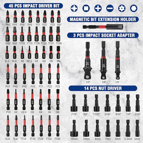 Image of WORKPRO 98-Piece Magnetic Nut Driver Set, Impact Driver Bits, Metric & SAE Cr-V Nut Drivers with Bit Holder, Universal Socket, Socket Adapter, Wing Nut Driver, Ratchet Handle, Quick-Release Extension