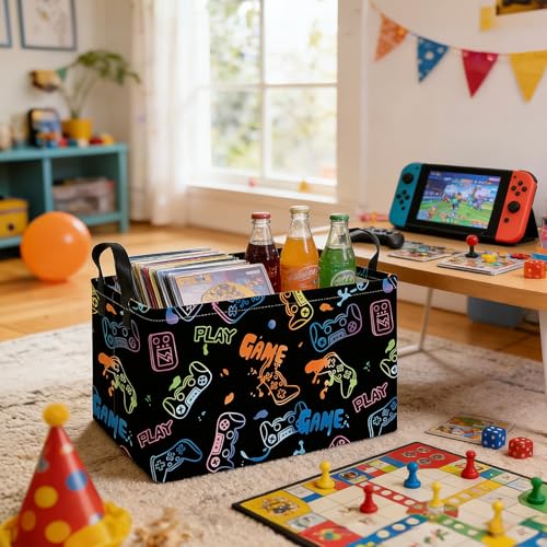 Image of Rectangular Storage Basket Fabric Organizer Bin for Toys,Books,Clothes,Gifts,Pets-Perfect for Home,Office,Nursery,Dorm,Shelf(Rec-Game)