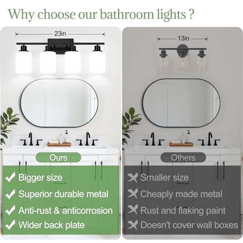 Image of Indoi 4-Light Bathroom Light Fixtures, Matte Black Modern Vanity Lights with Milky White Shades, Bathroom Wall Lamp for Mirror Living Room Cabinet Bedroom Porch