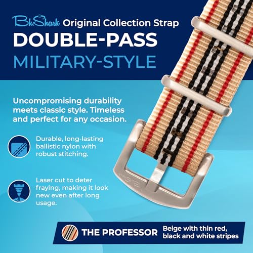 Image of BluShark - Original Collection Military-Style Waterproof Watch Strap, Fits All Timepiece Brands, Durable Nylon Wristwatch Accessories with Stainless Steel Buckle - 18mm, 20mm, 22mm & 24mm Watch Bands