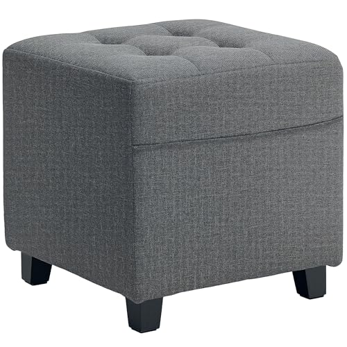 HOMCOM Reposapiés de Salón Taburete Bajo Tapizado en Lino Otomana Cuadrada con Bolsillo Lateral Tapa con Botones Acolchados y Marco de Madera para Sala de Estar Dormitorio Gris