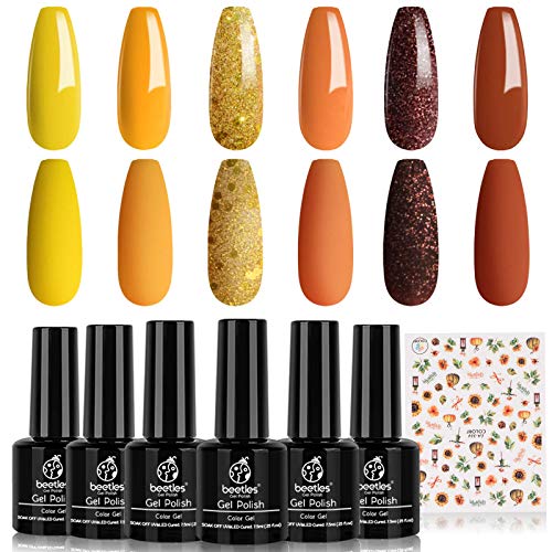 Beetles Sunflowers Gel Nail Polish Set, Brown with Red/Orange Yellow Glitter 6 Colors Soak Off LED Gel Nail Kit, 7.3ml Each Bottle