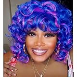 Kavsni Short Afro Big Curly Wigs for Black Women Soft Afro Curly Wigs Synthetic Wig for African American Women Daily Use(Mixed Blue Purple)