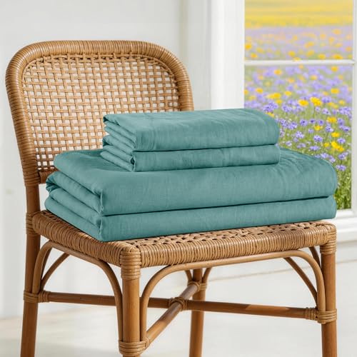 Image of 100% French Linen Sheet Set 4Pcs Deep Pocket 16 inch, Full Size Aqua