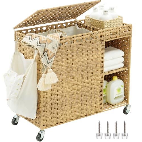 Heybly Laundry Hamper with Wheels, 160L Rattan Wicker Laundry Basket with Lid, Handwoven 2-Section Laundry Hamper with Removable Liner (42.3 Gal), Laundry Sorter with Side Pocket, Natural HLH032N