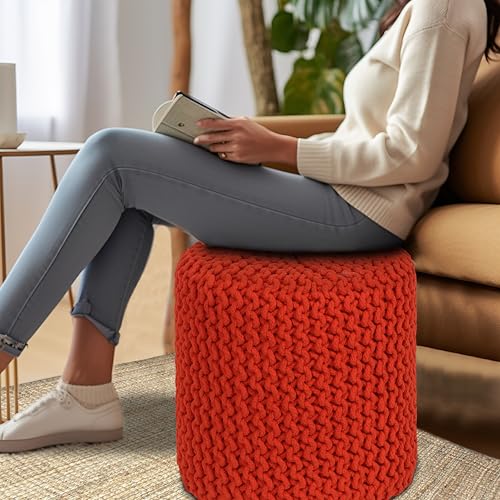 image for COTTON CRAFT Braided Round Pouf - Hand Knitted Cotton Cord Cable Dori 