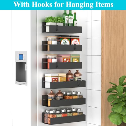Image of HuggieGems Metal Magnetic Spice Rack for Refrigerator Black, 6 Pack | Magnetic Shelves Heavy Duty for Fridge in Kitchen, Seasoning Storage Organizer, For Oven Washer and Dryer, For Heavier Items