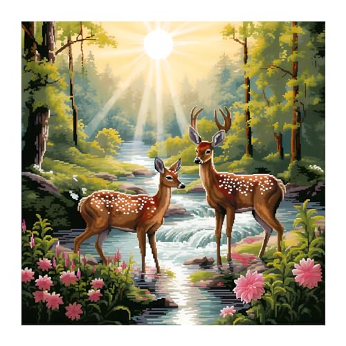 51buyoutgo Deer Cross Stitch Kits, 11 Ct Count Funny Pre Printed Counted Stamped Cross Stitch Embroidery Needlepoint Patterns Kits for Adults Beginners, Animal Easy Advanced Crossstitch Crossstitching