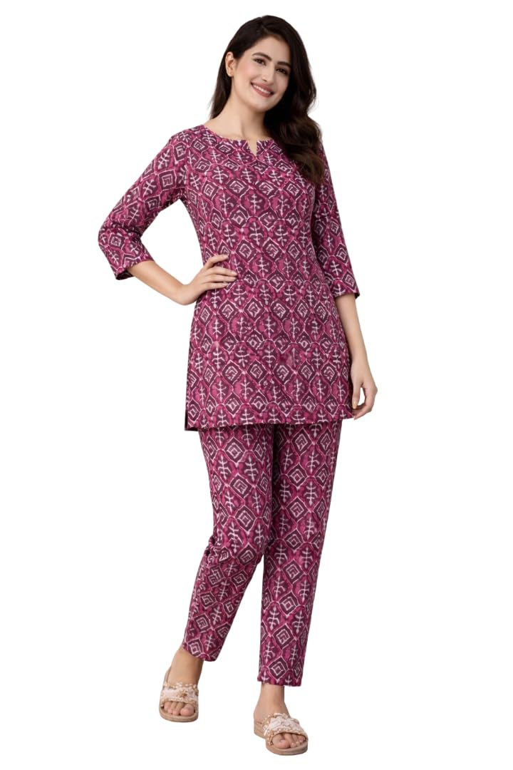 Women's Geometric Ethnic Print Pure Cotton Nightwear Co-Ord Set | V-Slit Neck Short Tunic Top with 3/4 Sleeves & Elastic Waist Straight Pajama Trousers-picture-41
