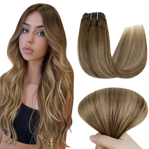 Easyouth Clip in Human Hair Extensions Brown Balayage Clip in Extensions Real Human Hair Ombre Brown to Honey Blonde Real Hair Extension Clip in Easy to Apply 14Inch 70g 5Pcs #4/27/4