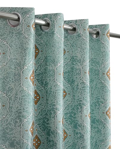 GOYCORS Polyester Premium Heavy Geometric Dmass Printed Window and Door Curtains 8 feet Long Set of 2 (Door 4 Feet x 8 Feet, Teal)