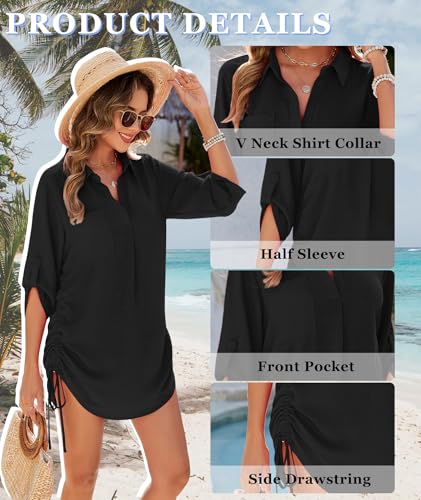 Urchics Swimsuit Coverup for Women 2025 Drawstring V Neck Bikini Swimwear Beach Cover Up Beach Shirt Dress3