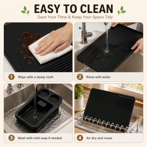 Image of Silicone Coffee Mat and Espresso Tamping Mat, Detachable Espresso Mat Accessories, Coffee Bar Mat Suitable for Use Under coffee Maker, Dish Drying Mat for Kitchen Countertop Protector, Black