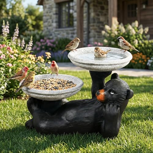 Image of SunJet 18 inch Fibre Reinforced Concrete Outdoor Birdbath, 2-Tier Black Bear Bird Bath & Bird Feeder, Bird Bath Garden Decor with Dual Basins for Patio, Backyard, Lawn