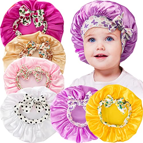 Image of JaGely 6 Pcs Kids Bonnets for Girls Toddler Kids Sleeping Cap Elastic Bow Tie Satin Hair Bonnet for Toddler(Cute) Multicolor