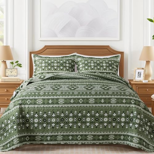 VAPUTAR Boho Quilts King Size, Stripe Reversible King Quilt Set, Lightweight All-Season Coverlet & Boho Bedspread- 3 Piece/Green