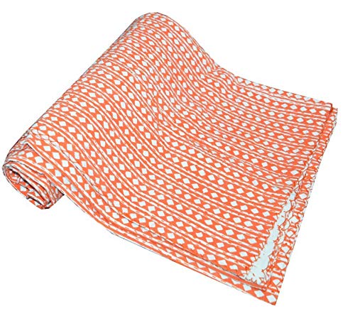YUVANCRAFTS Indian Handmade Cotton Kantha Quilt Traditional Polka Dot Print Twin Quilt Blanket Bedspreads Throw (Orange)