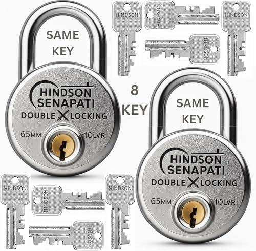 Image of HINDSON Same Key Lock Senapati 65mm Double Locking Padlock Pack of 2 with 10 Lever Security and 8 Same Keys | Heavy Duty Lock and Key for Home, Door and Gate Use