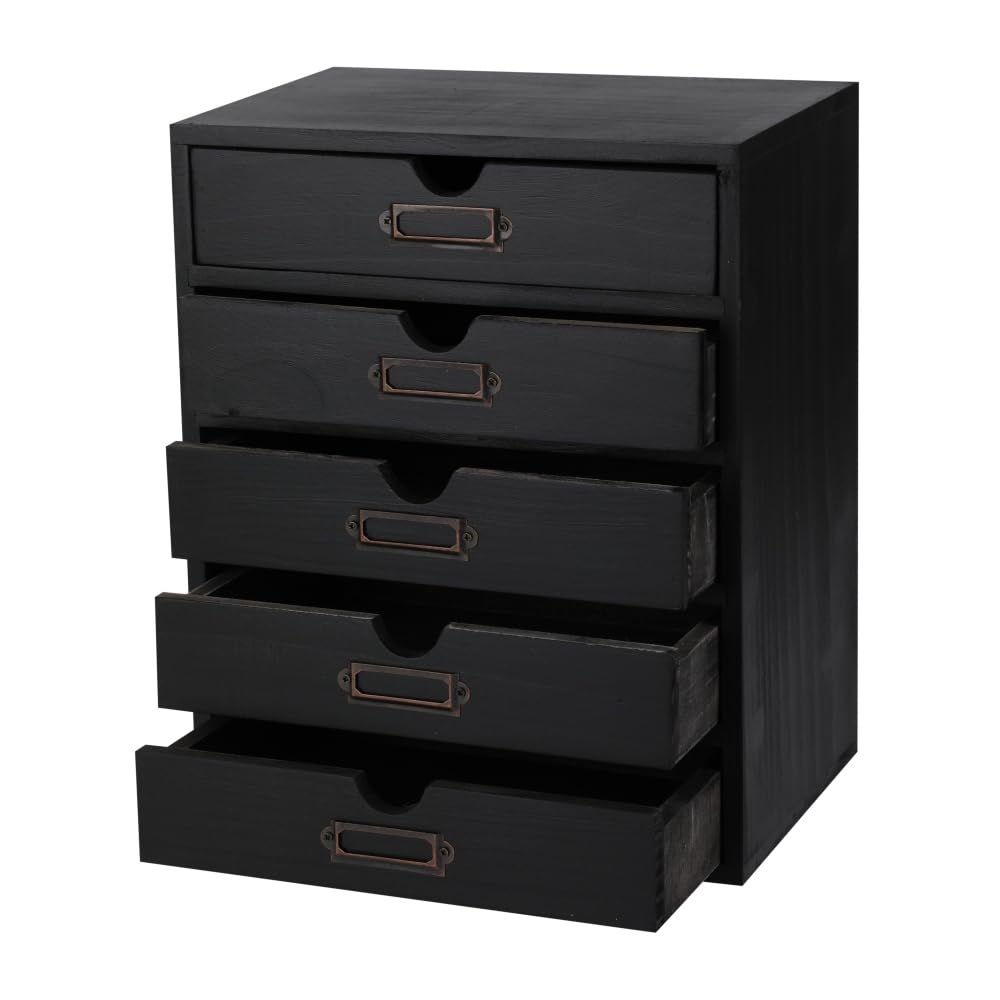 Wooden Storage Box with 5 Drawers Apothecary Drawers Vintage Wooden Drawers Wood Desktop Organizer with Drawers Countertop Drawers Library Card Catalog Cabinet Apothecary Cabinet （BLACK）