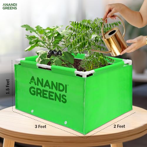 Image of Anandi Green's HDPE UV Protected 360 GSM Green Color Rectangular Plants Grow Bags Suitable for VegetableTerrace Gardening with PVC Pipe Support Pack of 1 (3X2X1.5 FIT)
