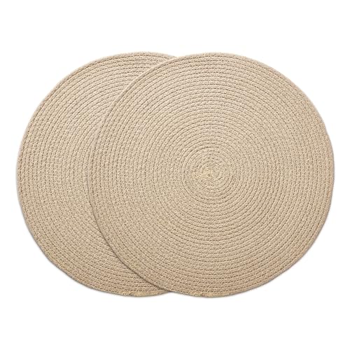 Image of Dining Table Mats Set of 2 | Cotton Table Mat 32 cm Diameter, Encasa XO Washable Round Table Mats, Heat Resistance Dining Table Placemats, Handmade Ribbed Style for Centre Table, Beige