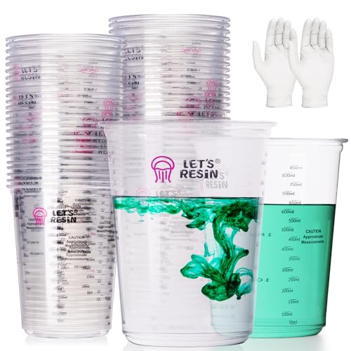 LET'S RESIN Resin Mixing Cups, 45pcs 32oz(1000ml) 2 Scales Accurate Paint Mixing Cup with Protective Gloves, Sturdy & Thick Disposable Measuring Cups for Paint, Pigments, Art, Auto Resin Mixer