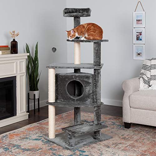 Image of Furhaven 59.8 inch Tall Cat Tree for Indoor Cats, Ft. Sisal Scratching Posts, Condo, & Toys - Tiger Tough Platform House Interactive Playground Tower - Gray, One Size