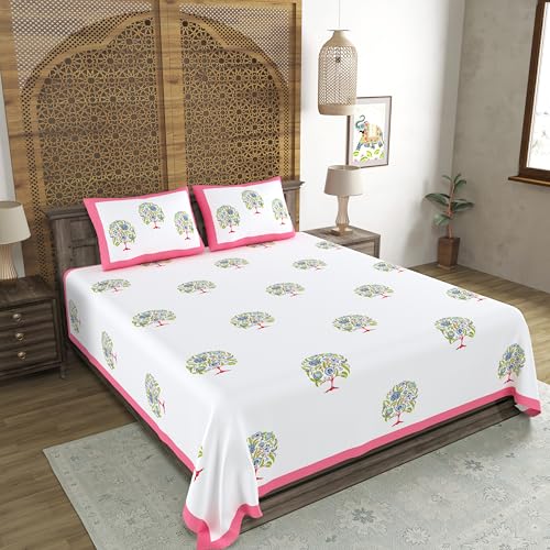 Image of BLOCKS OF INDIA Hand Block Printed 200 TC Cotton King Size Bedsheet (Pink Tree of Life)