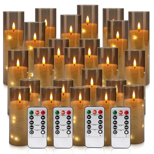 Image of 24-Pack Gray Flameless Candles with Remote Control, Battery-Powered LED Candles with Embedded Star String Lights & Realistic Flickering Flame. with Timer for Christmas, Home, Wedding, Fireplace Mantle