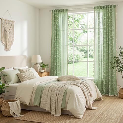 Image of MYSKY HOME Boho Floral Curtains 102 Inch Long for Living Room Sage Green | Linen Light Filtering Bohemian Vintage Farmhouse Semi Sheer Drapes for Dining Room with Tassels Back Tab, 50 inch Wide, 2 Panels
