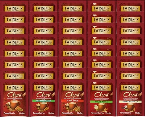 Twinings Chai Tea Bag Variety, 40 Count Sampler, 8 of each: Chai, Decaffeinated, Ultra Spice, Spiced Apple, French Vanilla