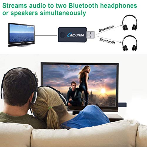 Carpuride Trasmettitore Bluetooth per cuffie TV PC MP3/MP4, Bluetooth Wireless trasmettitore di adattatore Audio Stereo da 3.5 mm, Stereo ad alta fedeltà, Plug and Play, alimentazione da USB