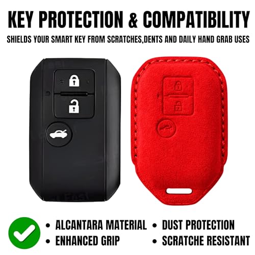 Image of KMH Alcantara Car Key Cover Compatible for Maruti Suzuki Swift, Dzire, Baleno, Ertiga 3 Button Shell Case Holder Full Key Protector Smart Keycover with Keychain (D3) Red - Pack of 2